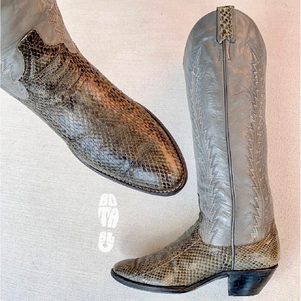SOLD Larry Mahan Vintage Snakeskin Gray Leather Knee High Cowboy Western BootS - Picture 2 of 9